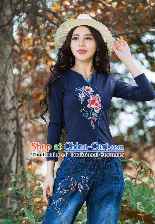 Traditional Chinese National Costume, Elegant Hanfu Embroidery Flowers Navy T-Shirt, China Tang Suit Republic of China Blouse Cheongsam Upper Outer Garment Shirts Clothing for Women