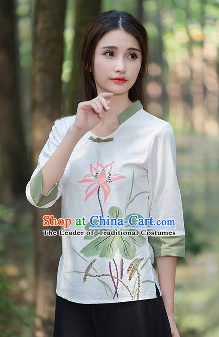 Traditional Chinese National Costume, Elegant Hanfu Painting Lotus Flowers T-Shirt, China Tang Suit Republic of China Plated Buttons Blouse Cheongsam Upper Outer Garment Qipao Shirts Clothing for Women