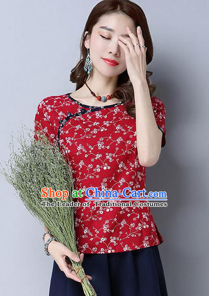 Traditional Chinese National Costume, Elegant Hanfu Flower Color Red T-Shirt, China Tang Suit Republic of China Plated Buttons Blouse Cheongsam Upper Outer Garment Qipao Shirts Clothing for Women