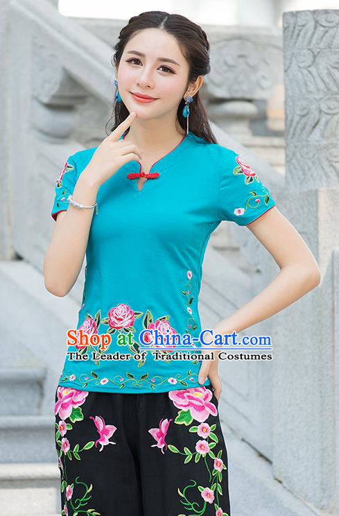 Traditional Chinese National Costume, Elegant Hanfu Embroidery Flowers Blue T-Shirt, China Tang Suit Republic of China Plated Buttons Blouse Cheongsam Upper Outer Garment Qipao Shirts Clothing for Women