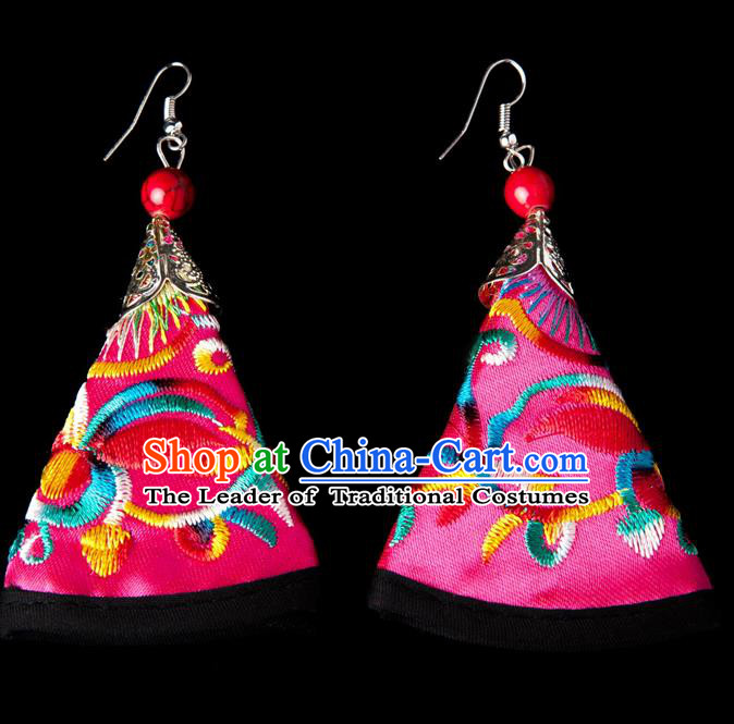 Traditional Chinese Miao Nationality Crafts, Yunnan Hmong Handmade Embroidery Flower Pink Earrings Pendant, China Ethnic Minority Eardrop Accessories Earbob Pendant for Women