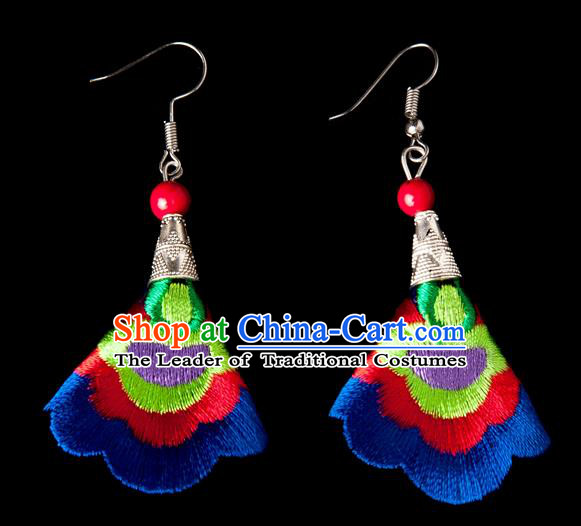 Traditional Chinese Miao Nationality Crafts, Yunnan Hmong Handmade Embroidery Flower Linen Royalblue Earrings Pendant, China Ethnic Minority Eardrop Accessories Earbob Pendant for Women