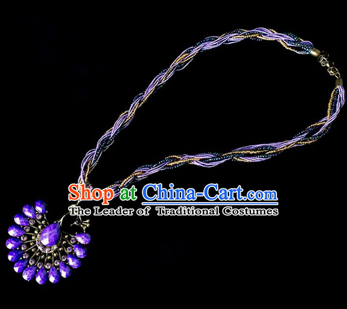 Traditional Chinese Dai Nationality Crafts, Yunan Handmade Purple Peacock Sweater Chain, China Dai Ethnic Minority Necklace Accessories Pendant for Women
