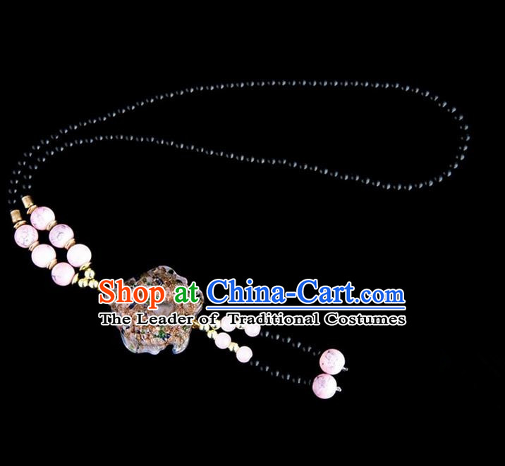 Traditional Chinese Nationality Crafts, Yunan Handmade Coloured Glaze Fish Pink Tassel Sweater Chain, China Ethnic Minority Necklace Accessories Pendant for Women
