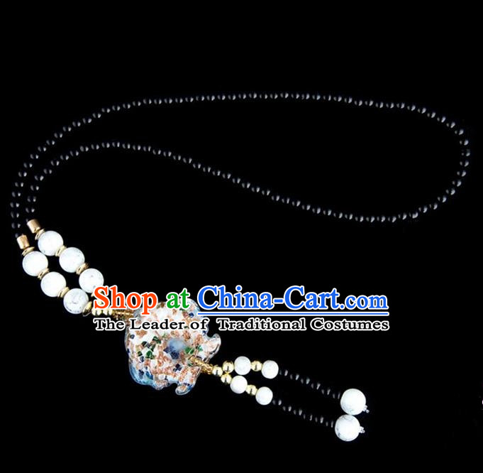 Traditional Chinese Nationality Crafts, Yunan Handmade Coloured Glaze Fish White Tassel Sweater Chain, China Ethnic Minority Necklace Accessories Pendant for Women