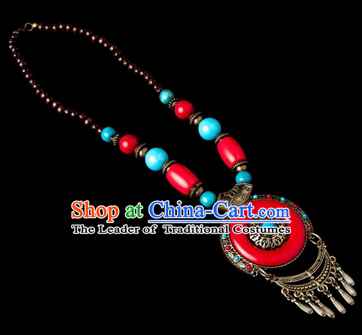Traditional Chinese Zang Nationality Crafts, Hmong Handmade Tibet Red Tassel Sweater Chain, Tibetan Ethnic Minority Necklace Accessories Pendant for Women