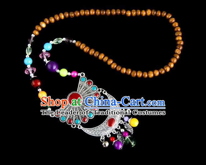 Traditional Chinese Zang Nationality Crafts, Hmong Handmade Tibet Log Beads Tassel Bells Sweater Chain, Tibetan Ethnic Minority Necklace Accessories Pendant for Women