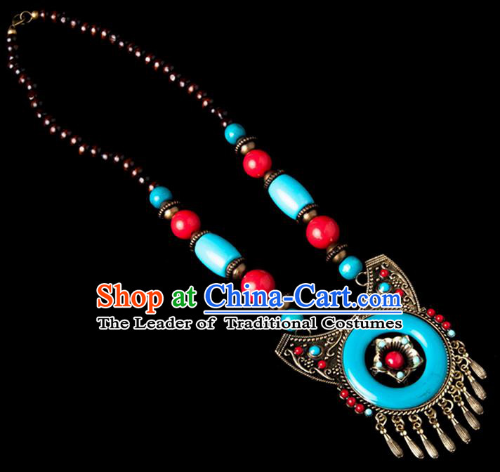 Traditional Chinese Zang Nationality Crafts, Handmade Tibet Beads Blue Tassel Sweater Chain, Tibetan Ethnic Minority Necklace Accessories Pendant for Women