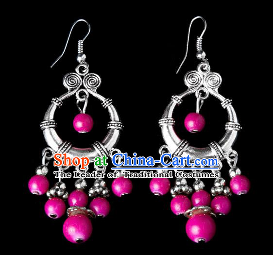 Traditional Chinese Miao Nationality Crafts, Yunnan Hmong Handmade Pink Beads Tassel Earrings Pendant, China Ethnic Minority Eardrop Accessories Earbob Pendant for Women