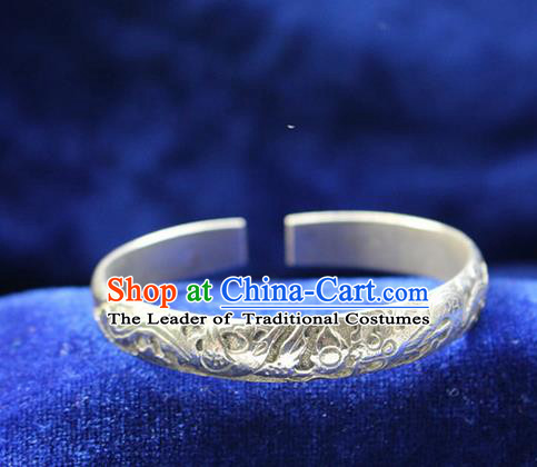 Traditional Chinese Miao Nationality Crafts Jewelry Accessory Bangle, Hmong Handmade Miao Silver Classical Dragons and Phoenixes Bracelet, Miao Ethnic Minority Silver Bracelet Accessories for Women