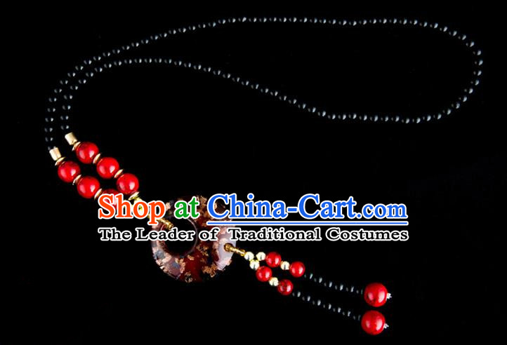 Traditional Chinese Miao Nationality Crafts, China Handmade Beads Red Coloured Glaze Sweater Chain, China Miao Ethnic Minority Necklace Accessories Pendant for Women