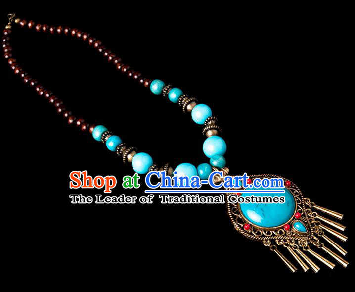 Traditional Chinese Zang Nationality Crafts, China Handmade Tibet Beads Blue Drop-shaped Tassel Sweater Chain, Tibetan Ethnic Minority Necklace Accessories Pendant for Women