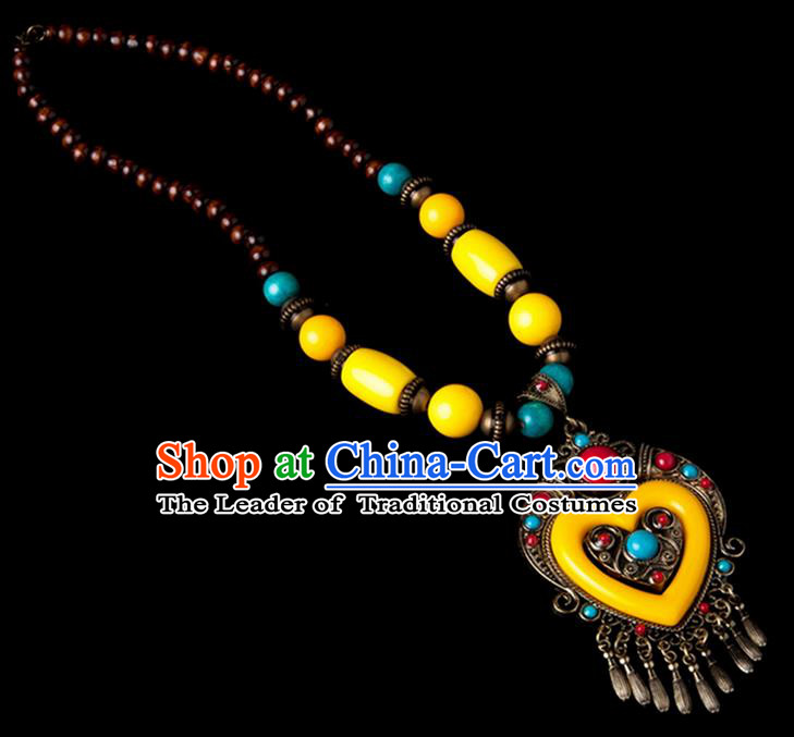 Traditional Chinese Zang Nationality Crafts, China Handmade Tibet Yellow Beads Heart-shaped Tassel Sweater Chain, Tibetan Ethnic Minority Necklace Accessories Pendant for Women