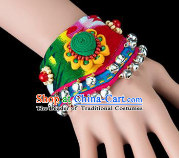 Traditional Chinese Miao Nationality Crafts, Yunan Hmong Handmade Flowers Bracelet Green Cuff Bells Hand Decorative, China Miao Ethnic Minority Bangle Accessories for Women