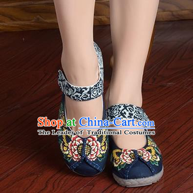 Traditional Chinese Shoes, China Handmade Linen Embroidered Peony Navy Shoes, Ancient Princess Cloth Shoes for Women