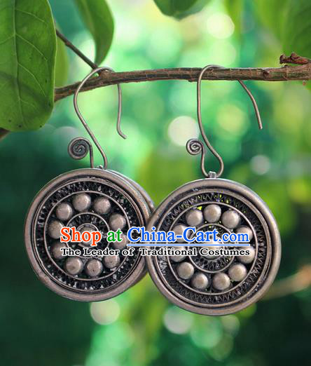 Traditional Chinese Miao Nationality Crafts Jewelry Accessory Classical Earbob Accessories, Hmong Handmade Miao Silver Round Palace Lady Earrings, Miao Ethnic Minority Eardrop for Women