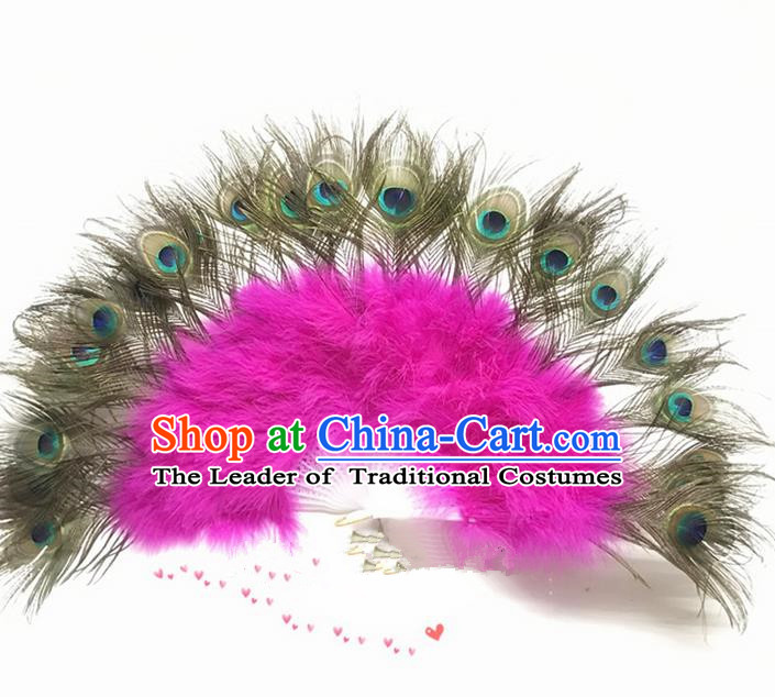 Traditional Handmade Chinese Classical Peacock Feather Fans, China Folk Dance Fan Dance Stage Performance Pink Fan for Women