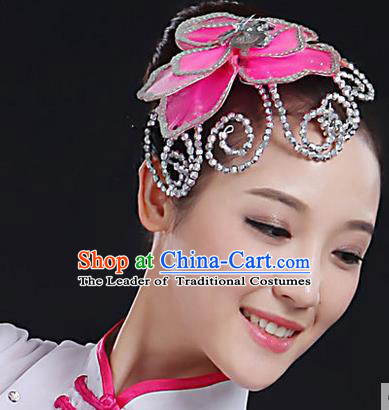 Traditional Handmade Chinese Yangge Fan Dancing Classical Hair Accessories, Folk Dance Yangko Peacock Dance Pink Flower Headwear For Women