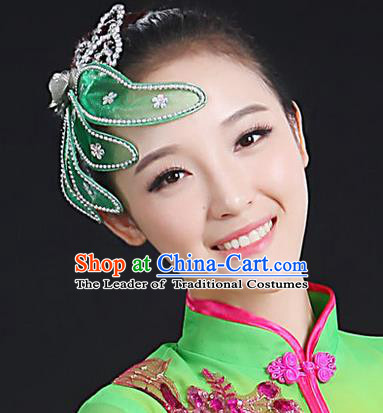 Traditional Handmade Chinese Yangge Fan Dancing Classical Hair Accessories, Folk Dance Yangko Peacock Dance Green Flower Headwear For Women
