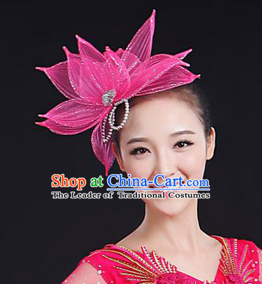 Traditional Handmade Chinese Yangge Fan Dancing Classical Hair Accessories, Folk Dance Yangko Peacock Dance Pink Lotus Flower Headwear For Women