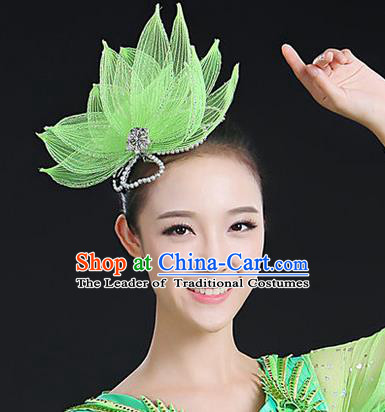 Traditional Handmade Chinese Yangge Fan Dancing Classical Hair Accessories, Folk Dance Yangko Peacock Dance Green Lotus Flower Headwear For Women