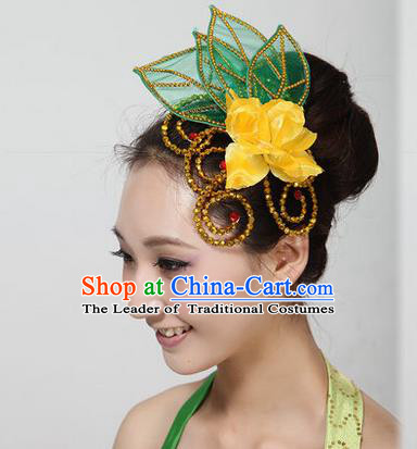 Traditional Handmade Chinese Yangge Fan Dancing Classical Hair Accessories, Folk Dance Yangko Peacock Dance Yellow Peony Headwear For Women
