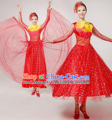 Traditional Chinese Modern Dancing Costume, Women Opening Classic Chorus Singing Group Dance Paillette Costume, Folk Dance Yangko Costume, Modern Dance Long Red Peony Dress for Women