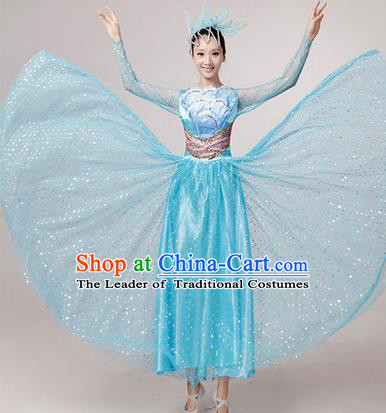Traditional Chinese Modern Dancing Costume, Women Opening Classic Chorus Singing Group Dance Paillette Costume, Folk Dance Yangko Costume, Modern Dance Long Blue Peony Dress for Women