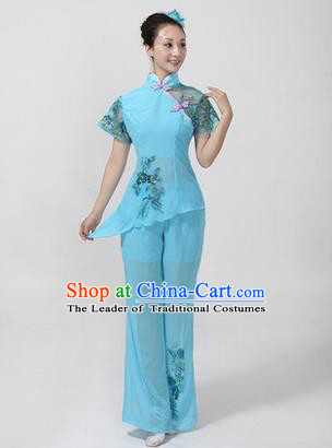 Traditional Chinese Yangge Fan Dancing Costume, Folk Dance Yangko Costume Drum Dance Classic Dance Blue Clothing for Women