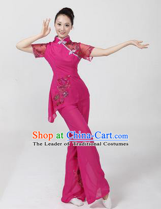 Traditional Chinese Yangge Fan Dancing Costume, Folk Dance Yangko Costume Drum Dance Classic Dance Rose Clothing for Women