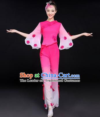 Traditional Chinese Yangge Fan Dancing Costume, Folk Dance Yangko Costume Drum Dance Classic Dance Jasmine Flower Pink Clothing for Women
