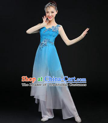Traditional Chinese Yangge Fan Dancing Costume, Opening Dance Costume, Classic Dance Folk Dance Yangko Costume Drum Dance Blue Peony Clothing for Women