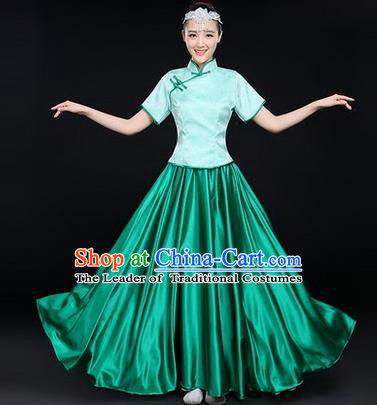 Traditional Chinese Yangge Fan Dancing Costume, Opening Dance Costume, Classic Dance Folk Dance Yangko Costume Drum Dance Green Satin Clothing for Women
