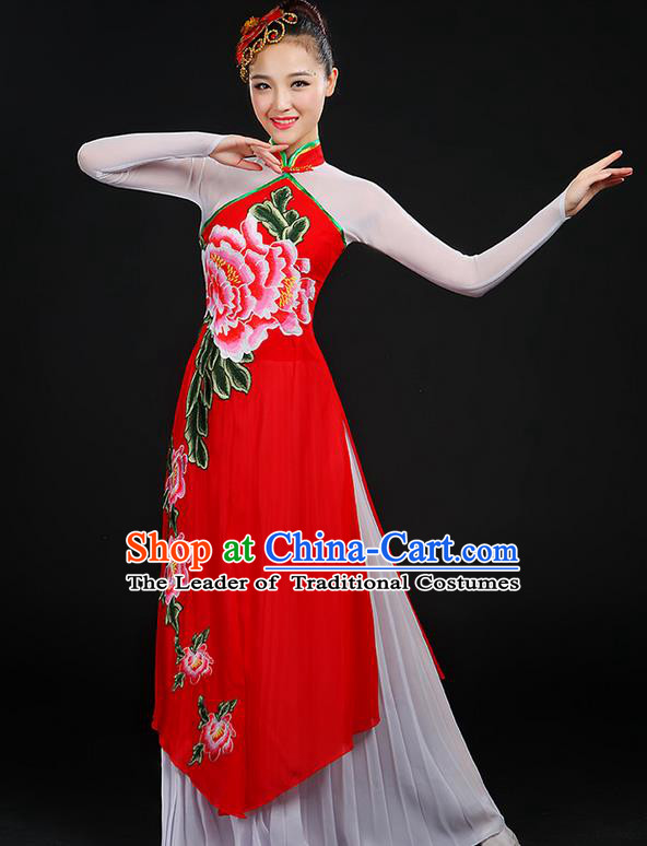 Traditional Chinese Yangge Fan Dancing Costume, Folk Dance Yangko Peony Uniforms, Classic Dance Cheongsam Dress Drum Dance Clothing for Women