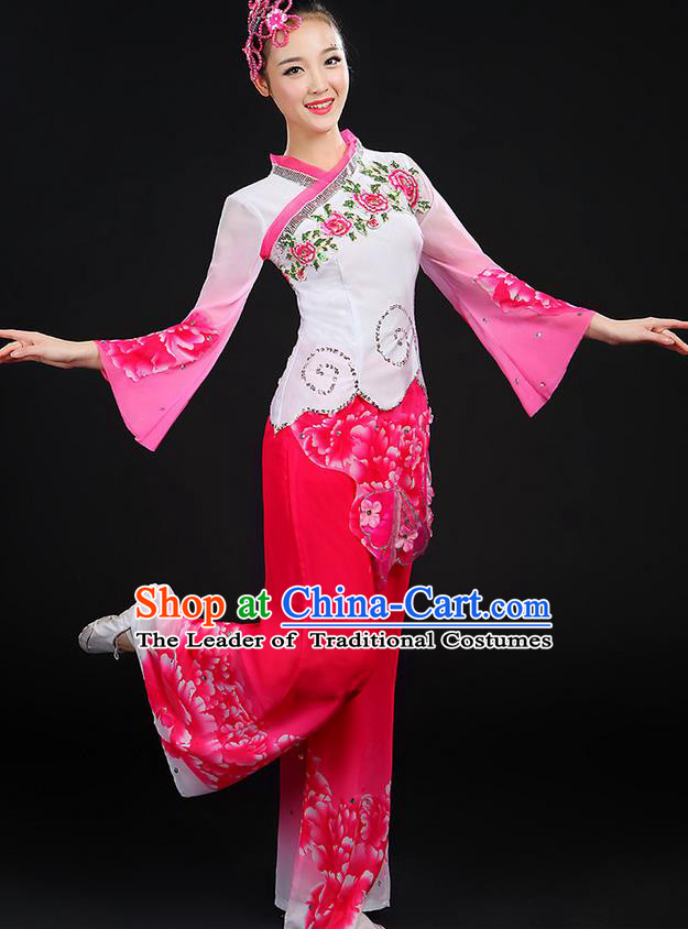 Traditional Chinese Yangge Fan Dancing Costume, Folk Dance Yangko Blue and White Porcelain Uniforms, Classic Dance Cheongsam Dress Drum Dance Pink Clothing for Women