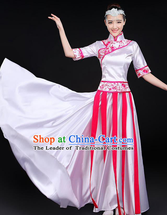 Traditional Modern Dancing Costume, Women Opening Classic Chorus Singing Group Dance Blue and White Porcelain Uniforms, Modern Dance Long Cheongsam Pink Dress for Women