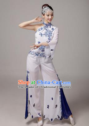 Traditional Chinese Yangge Fan Dancing Costume, Folk Dance Yangko Blue and White Porcelain Uniforms, Classic Dance Dress Drum Dance White Clothing for Women