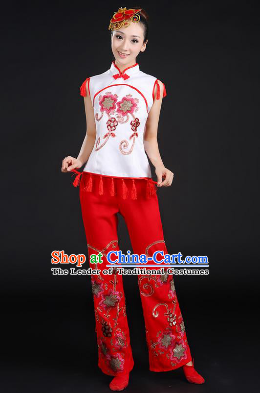 Traditional Chinese Yangge Fan Dancing Costume, Folk Dance Yangko Stand Collar Uniforms, Classic Dance Dress Drum Dance Paillette Clothing for Women