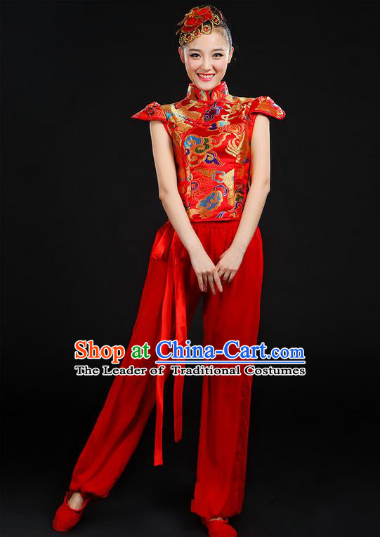 Traditional Chinese Yangge Fan Dancing Costume, Folk Dance Yangko Mandarin Collar Uniforms, Classic Dance Elegant Dress Drum Dance Painting Dragon Red Clothing for Women