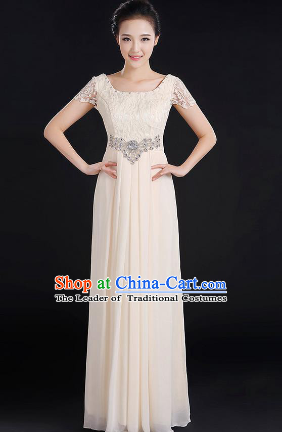 Traditional Modern Dancing Compere Costume, Women Opening Classic Chorus Singing Group Dance Uniforms, Modern Dance Lace Long Champagne Dress for Women