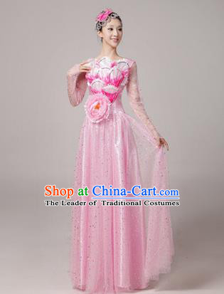 Traditional Chinese Modern Dancing Compere Costume, Women Opening Classic Chorus Singing Group Dance Uniforms, Modern Dance Long Peony Pink Dress for Women