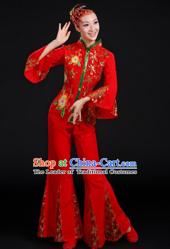 Traditional Chinese Yangge Fan Dancing Costume, Folk Dance Yangko Umbrella Dance Uniforms, Classic Dance Elegant Dress Drum Dance Red Paillette Clothing for Women