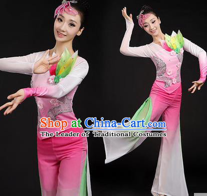 Traditional Chinese Yangge Fan Dancing Costume, Folk Dance Yangko Uniforms, Classic Dance Elegant Dress Drum Dance Paillette Lotus Pink Clothing for Women