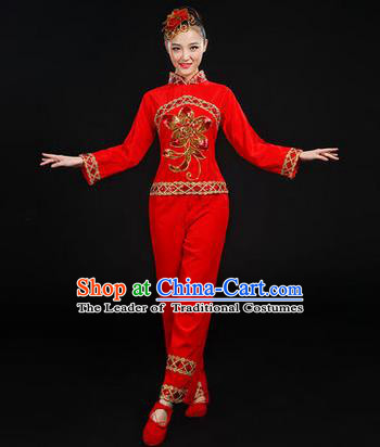 Traditional Chinese Yangge Fan Dancing Costume, Folk Dance Yangko Uniforms, Classic Dance Elegant Dress Drum Dance Paillette Peony Red Clothing for Women