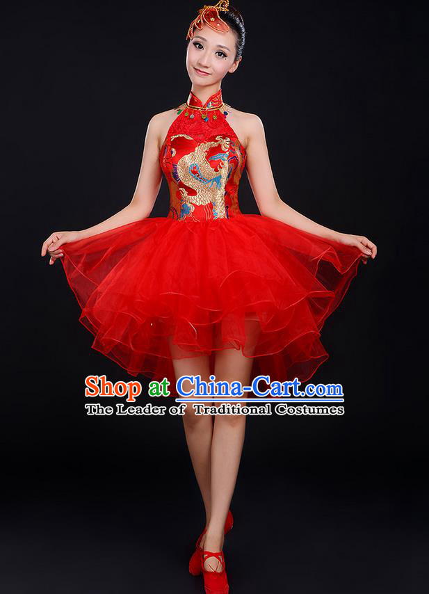 Traditional Chinese Modern Dancing Compere Costume, Women Opening Classic Chorus Singing Group Dance Dragon Uniforms, Modern Dance Classic Dance Cheongsam Red Dress for Women