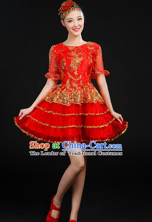 Traditional Chinese Modern Dancing Compere Costume, Women Opening Classic Chorus Singing Group Dance Uniforms, Modern Dance Classic Dance Paillette Bubble Dress for Women