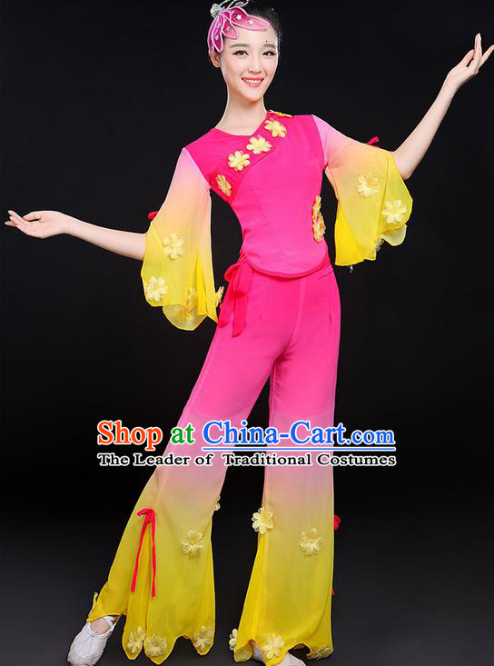 Traditional Chinese Yangge Fan Dancing Costume, Folk Dance Yangko Uniforms, Classic Dance Elegant Jasmine Flower Dress Drum Dance Clothing for Women