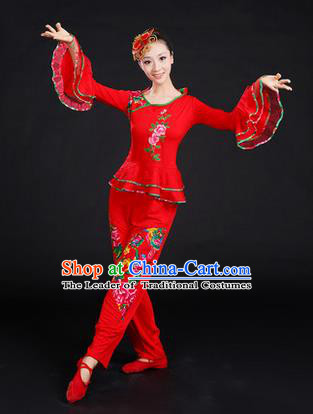 Traditional Chinese Yangge Fan Dancing Costume, Folk Dance Yangko Embroidered Peony Uniforms, Classic Umbrella Dance Elegant Dress Drum Dance Red Clothing for Women