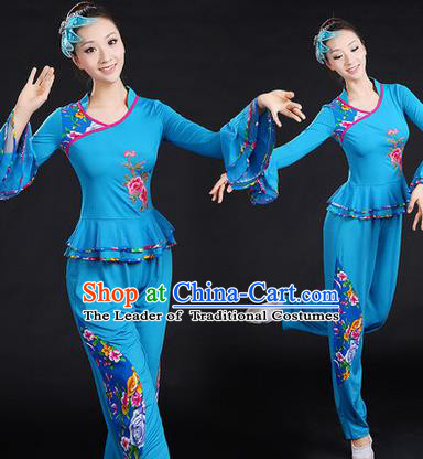 Traditional Chinese Yangge Fan Dancing Costume, Folk Dance Yangko Embroidered Peony Uniforms, Classic Umbrella Dance Elegant Dress Drum Dance Blue Clothing for Women