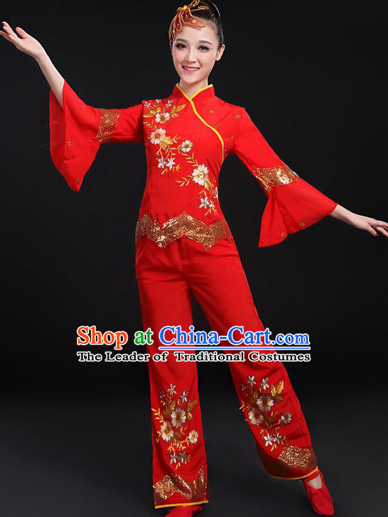 Traditional Chinese Yangge Fan Dancing Costume, Folk Dance Yangko Uniforms, Classic Umbrella Dance Elegant Dress Drum Dance Red Paillette Flowers Clothing for Women